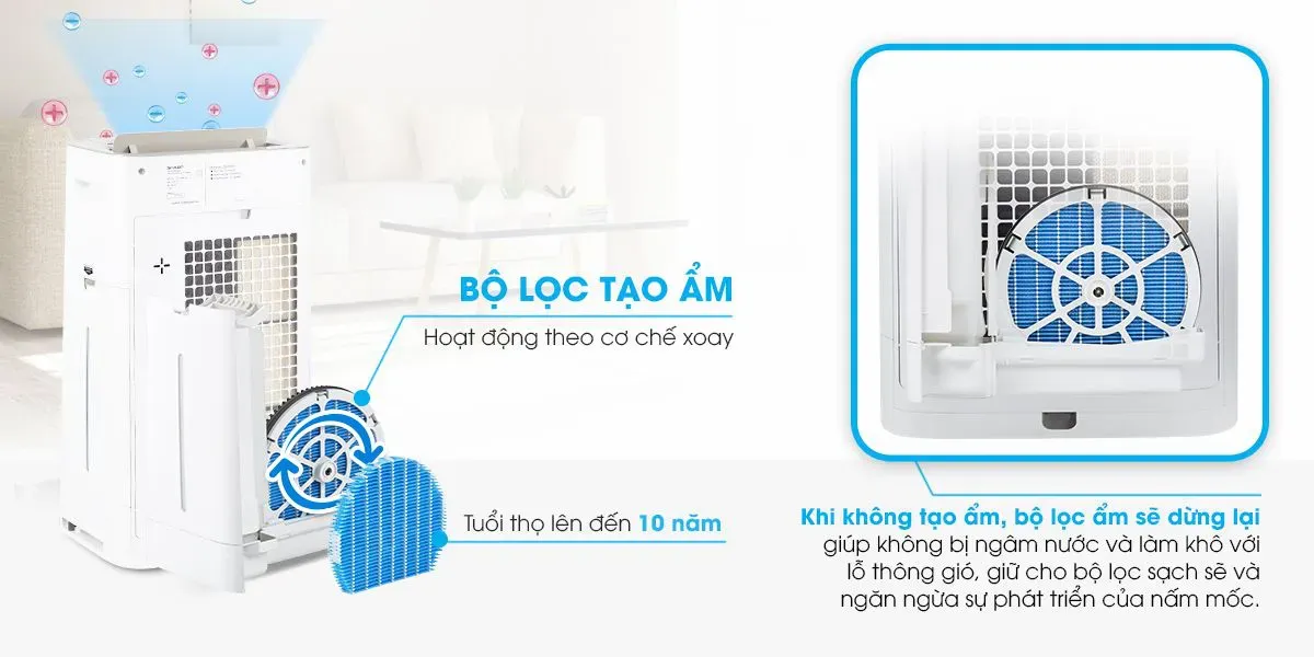 Máy lọc không khí Sharp FP-J60E-W bộ lọc hoạt động theo cơ chế xoay