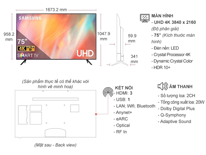 Smart Tivi Samsung Crystal UHD 4K 75 inch UA75AU7700KXXV