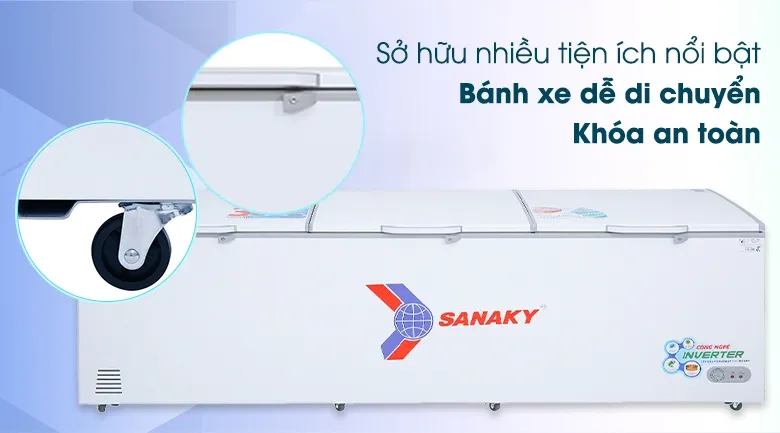 Tủ đông Sanaky được trang bị bánh xe và khóa an toàn