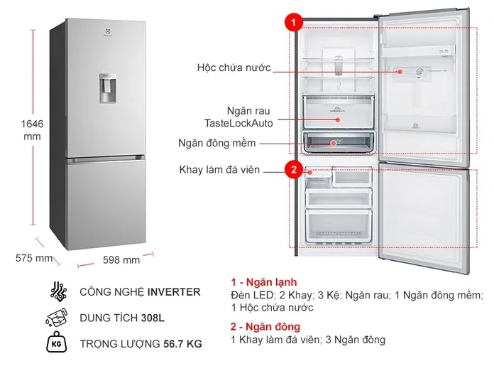 Tủ lạnh Electrolux Inverter 308 lít EBB3442K-A 