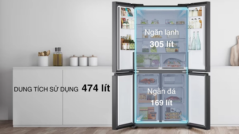 Chiếc tủ lạnh LG 4 cánh này có dung tích thực lên đến 474 lít
