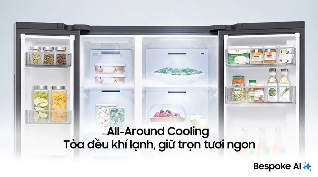 Công nghệ trữ tươi Tủ lạnh chứa nhiều loại thực phẩm khác nhau đang mở. Không khí mát thoát ra qua các lỗ thông hơi ở mỗi ngăn để duy trì nhiệt độ tối ưu cho thực phẩm luôn tươi ngon. Tỏa đều khí lạnh, giữ trọn tươi ngon Làm lạnh vòm đa chiều All-Around Cooling